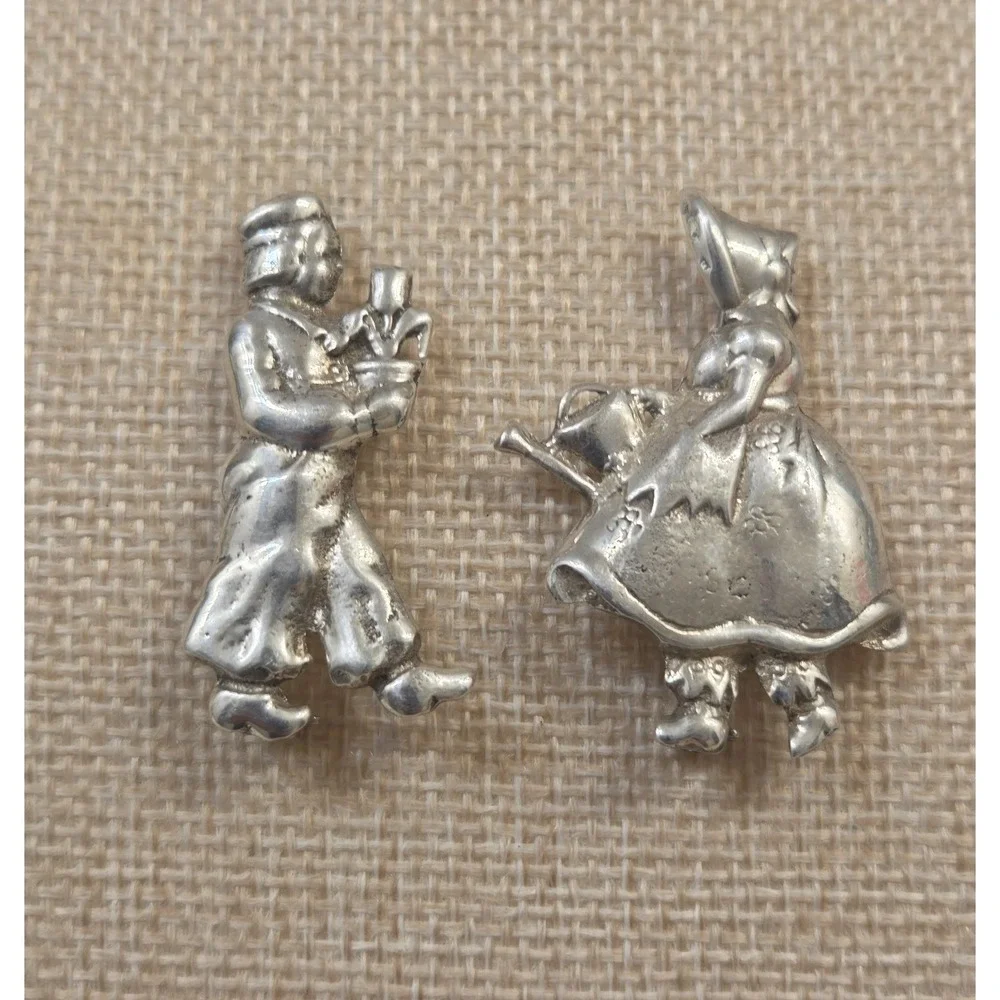 2 1940s‎ Sterling Silver Dutch Boy & Girl Brooches - Flower & Watering Can